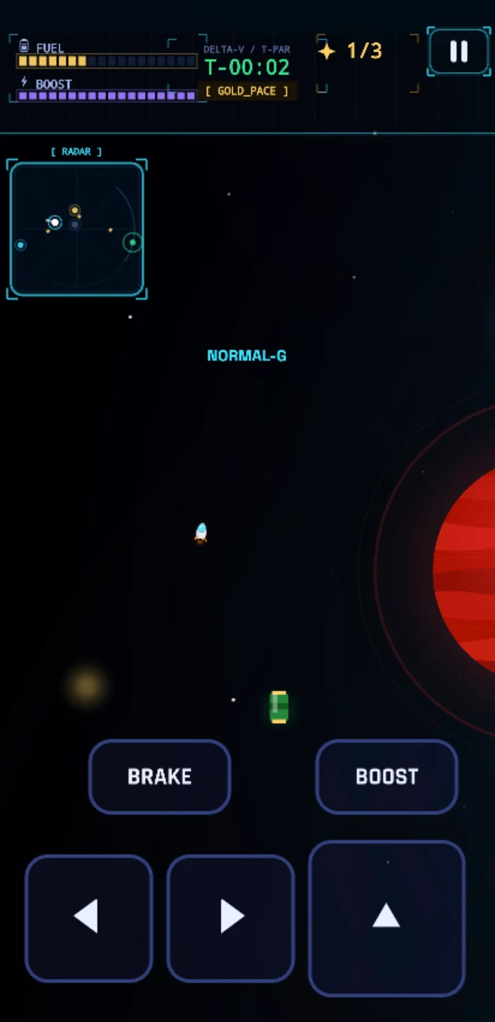 Delta-V in flight, with fuel and boost gauges, a radar inset and thrust controls around a craft near a planet