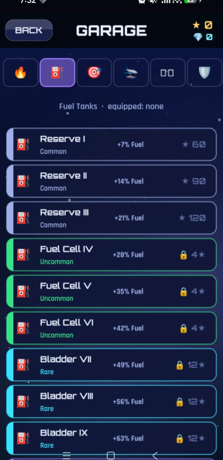 Delta-V's Garage listing fuel tank components by rarity with their stat bonuses