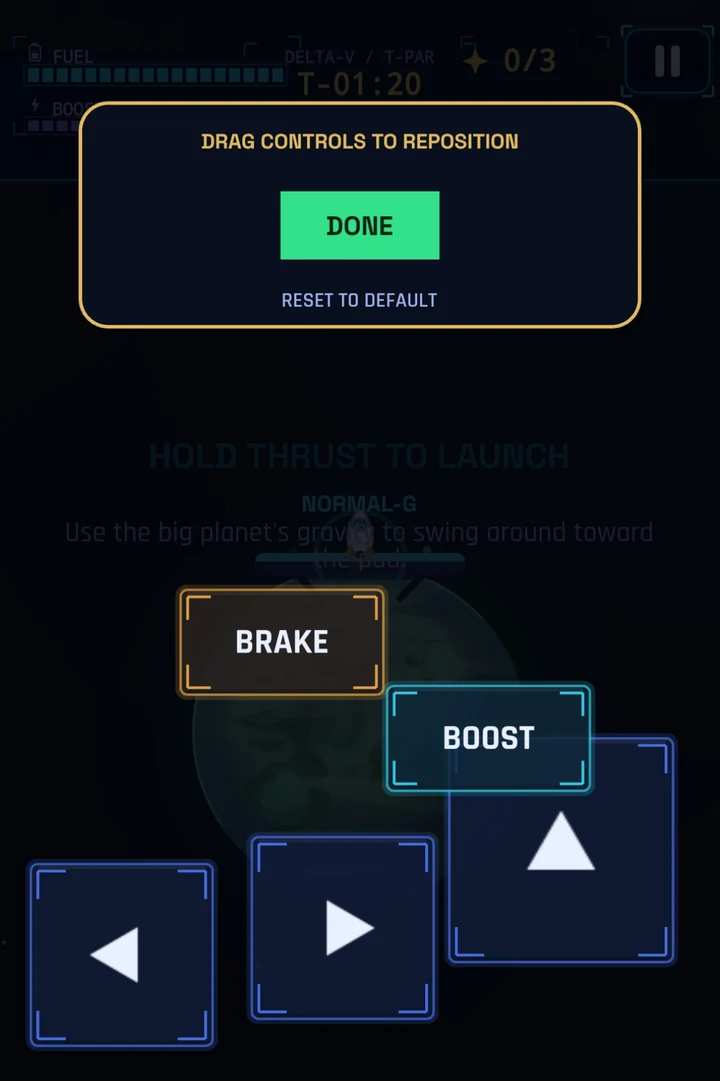 Delta-V's HUD layout editor, with the brake, boost and steering controls being dragged into position