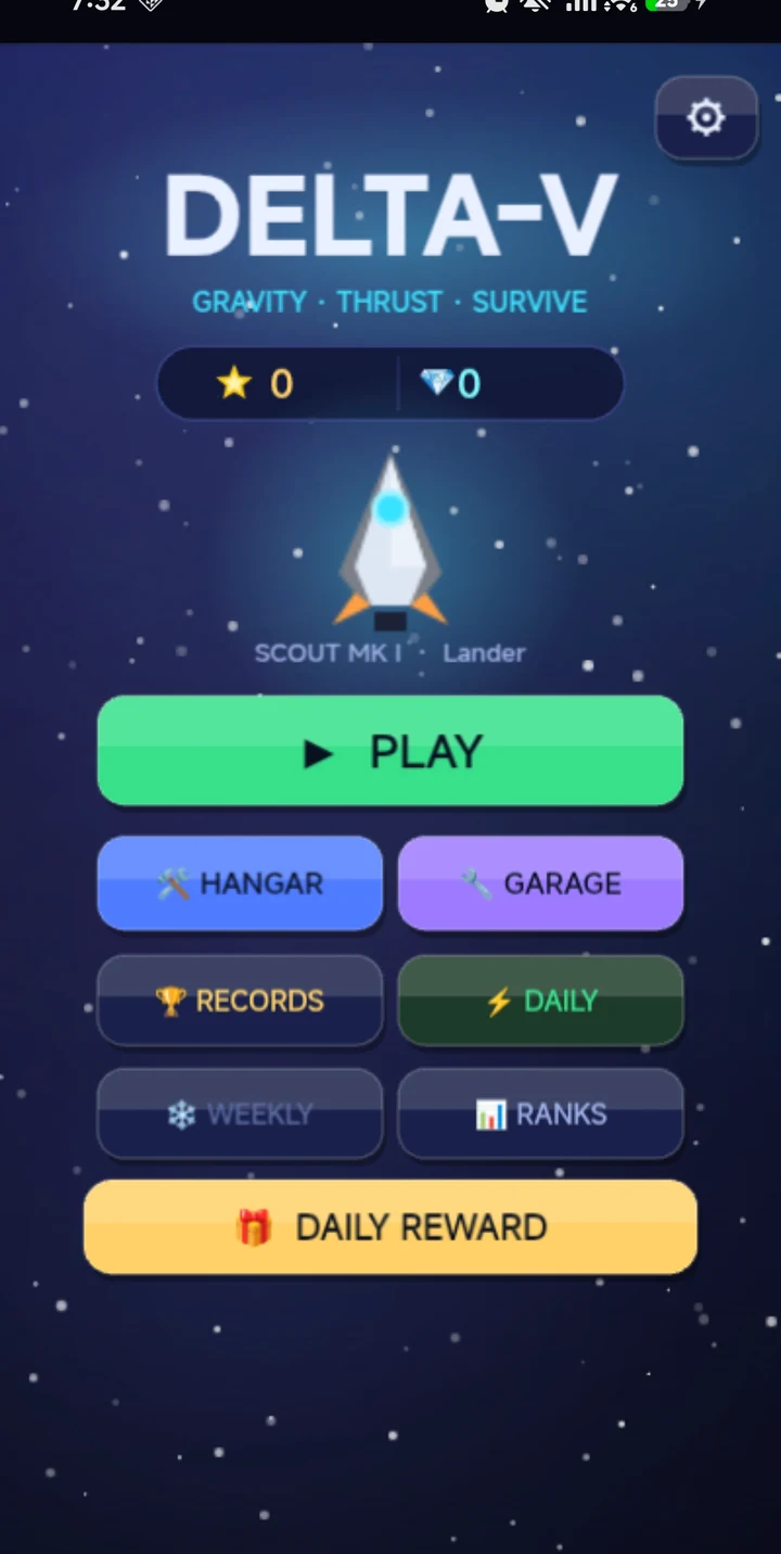 Delta-V's main menu with the Scout Mk I lander, Hangar, Garage, Records and Daily entries