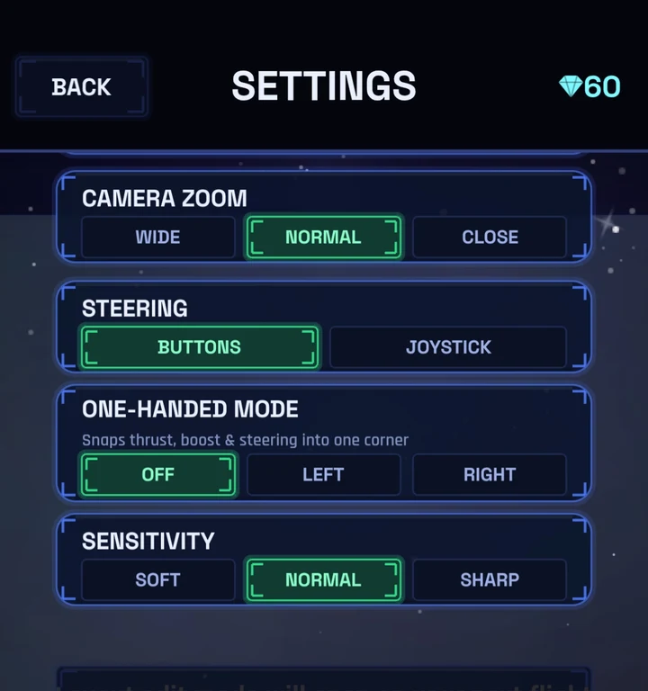 Delta-V's settings for camera zoom, steering mode, one-handed mode and sensitivity
