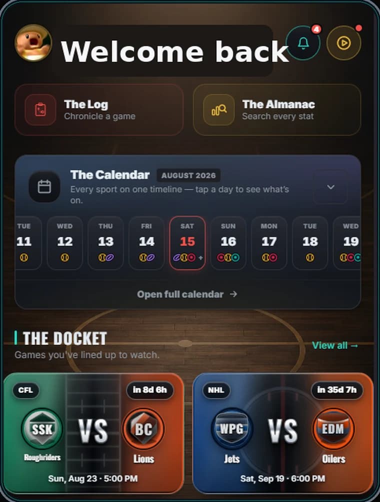 Scorebug's home dashboard showing The Log, The Almanac, a month calendar and The Docket of upcoming games