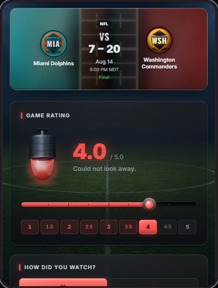 Scorebug's game rating screen with a 4.0 out of 5 dial and a written note