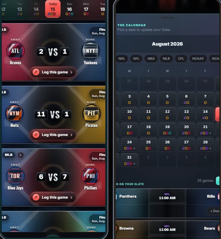 Scorebug's Slate listing live and finished games beside the full month calendar