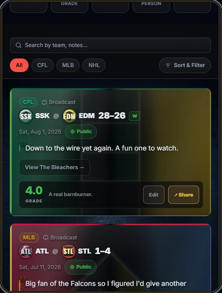 Scorebug's Vault, a searchable archive of logged games with ratings and notes