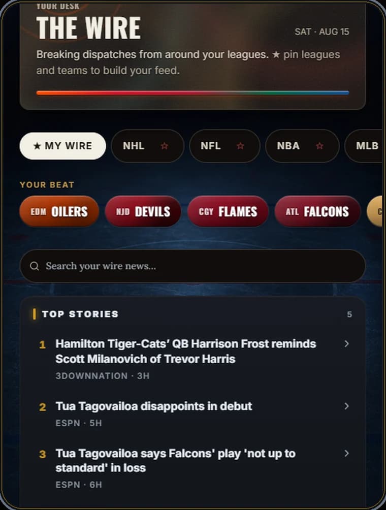 Scorebug's Wire news feed with pinned leagues, followed clubs and top stories