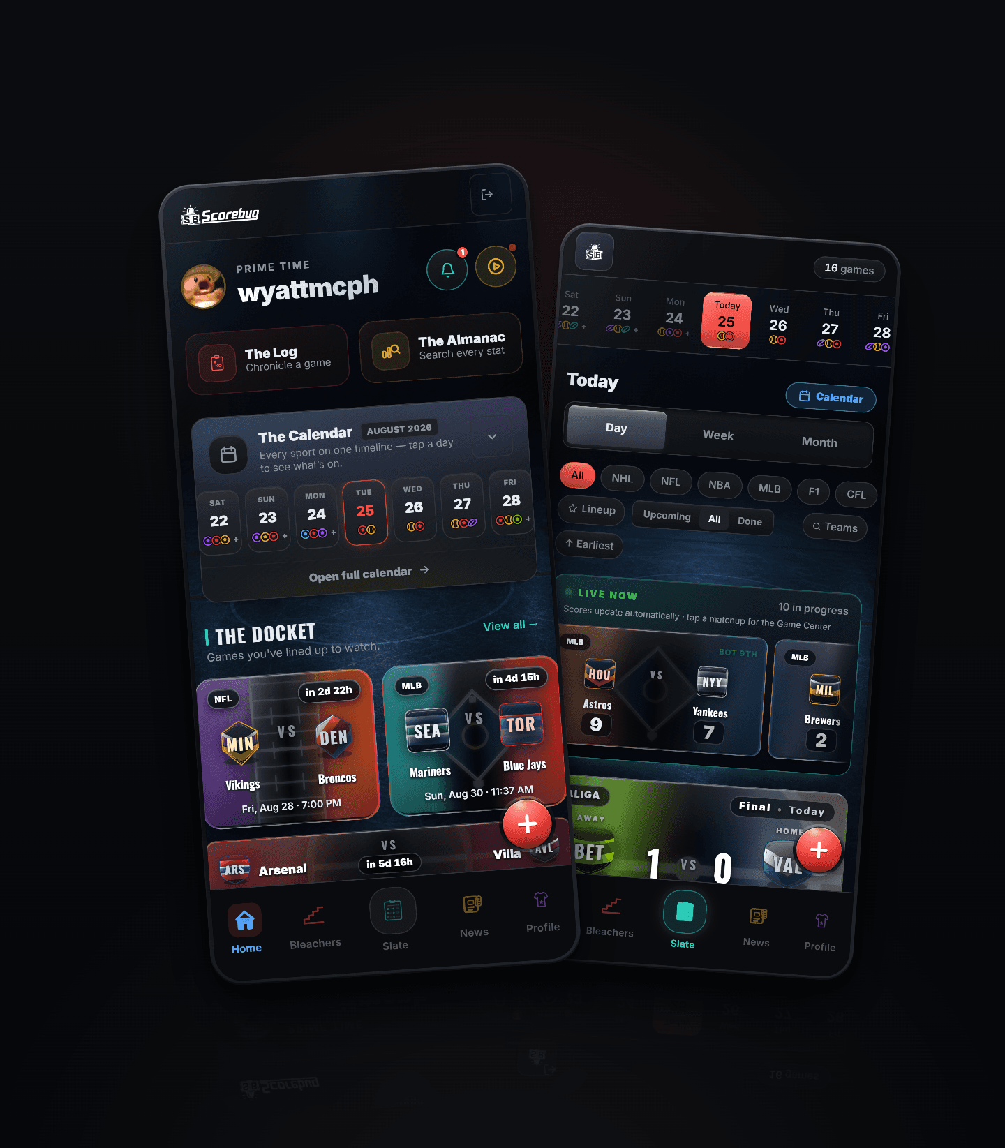 Two phones showing Scorebug: the home dashboard alongside The Slate's list of the day's games