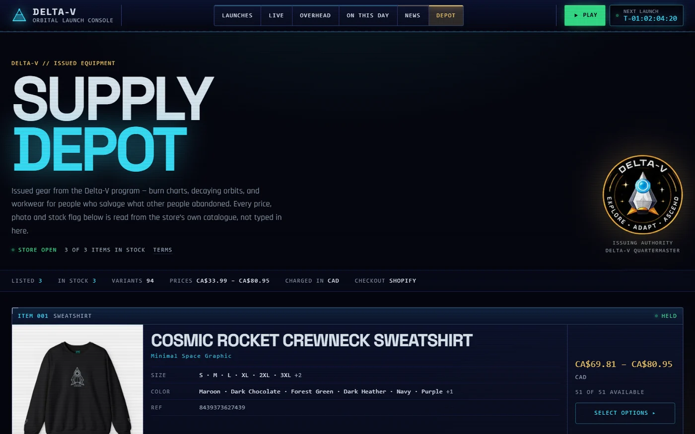 The playdeltav.space supply depot, a headless Shopify storefront