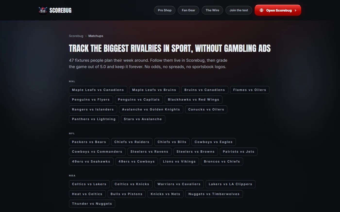 The getscorebug.app matchups page listing rivalry fixtures by league