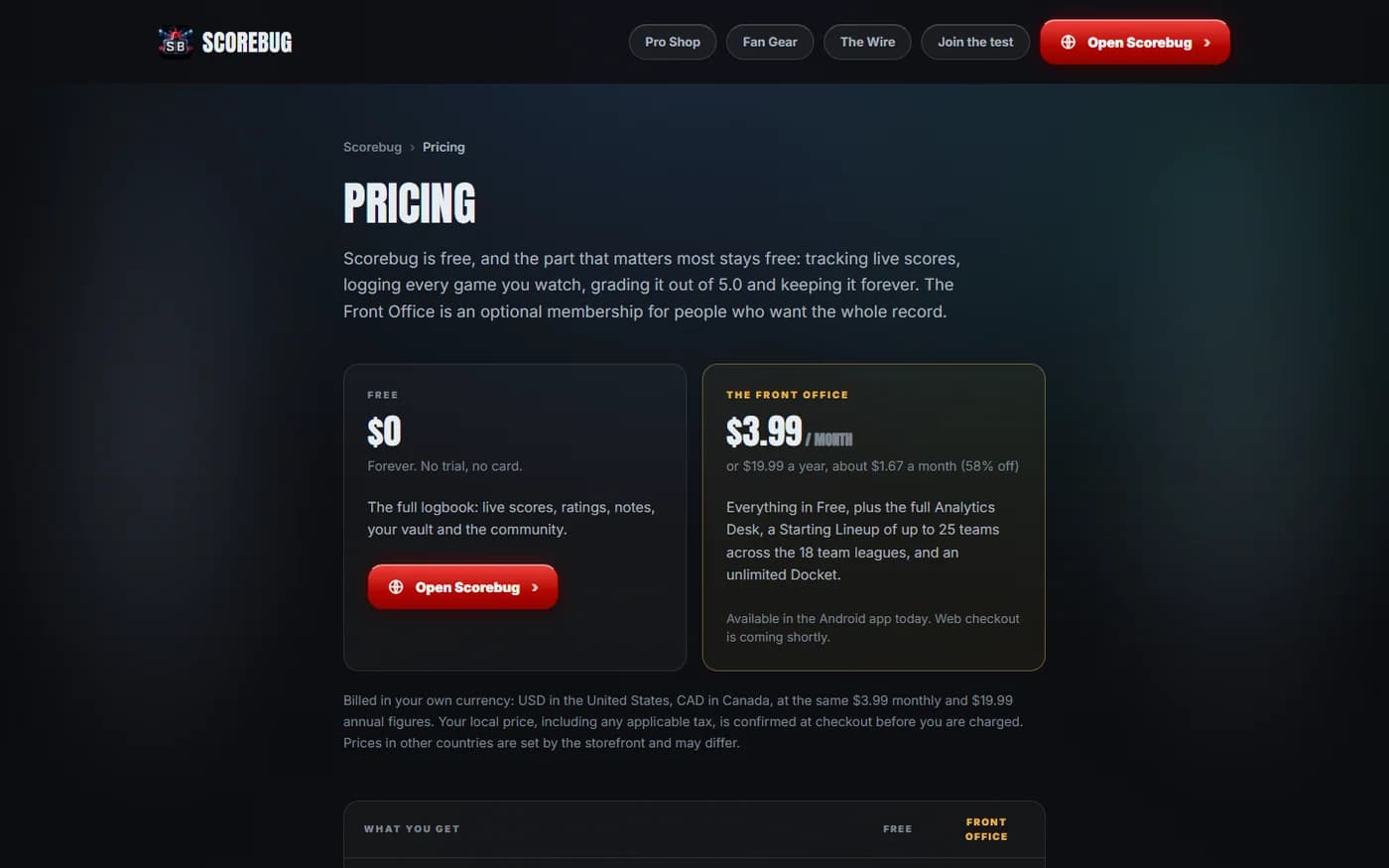 The getscorebug.app pricing page comparing the free tier with the Front Office membership